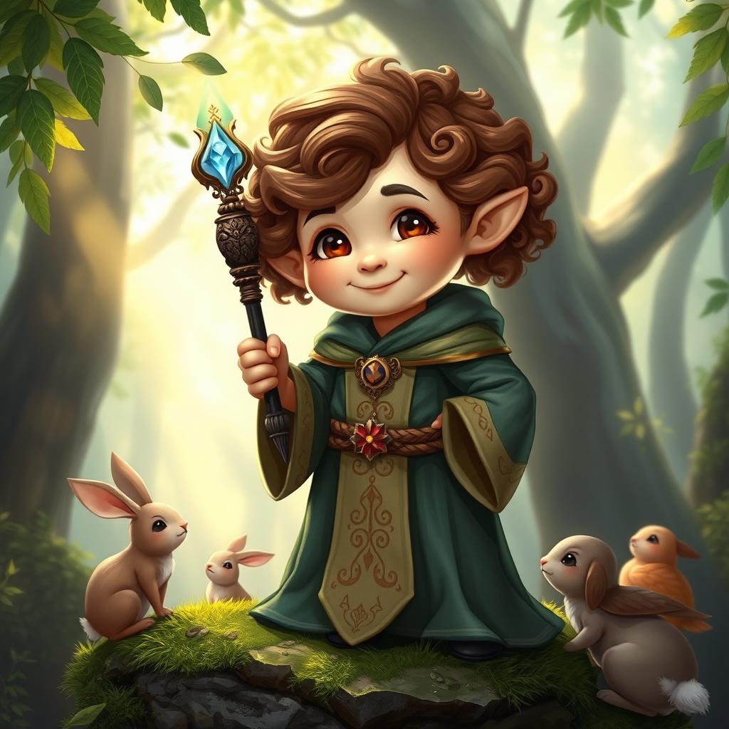 A halfling priest in a fantasy setting, wearing ornate robes adorned with symbols of nature and light