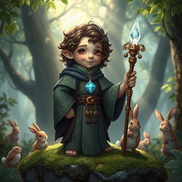A halfling priest in a fantasy setting, wearing ornate robes adorned with symbols of nature and light