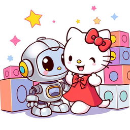 A cute and playful illustration of Hello Kitty, a white cat with a red bow, happily interacting with a friendly robot