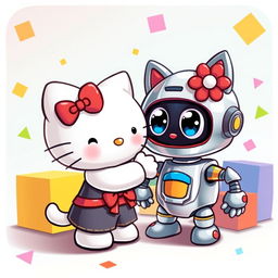 A cute and playful illustration of Hello Kitty, a white cat with a red bow, happily interacting with a friendly robot