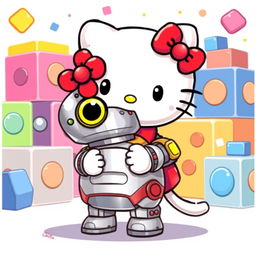 A cute and playful illustration of Hello Kitty, a white cat with a red bow, happily interacting with a friendly robot