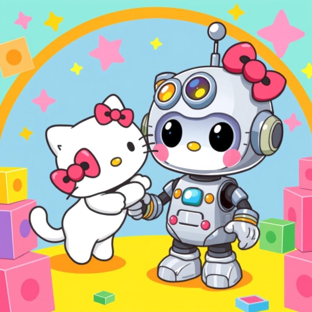 A cute and playful illustration of Hello Kitty, a white cat with a red bow, happily interacting with a friendly robot