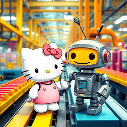 A cute and whimsical scene featuring Hello Kitty interacting with a friendly industrial robot in a colorful factory setting