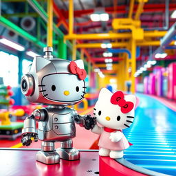 A cute and whimsical scene featuring Hello Kitty interacting with a friendly industrial robot in a colorful factory setting