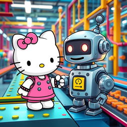 A cute and whimsical scene featuring Hello Kitty interacting with a friendly industrial robot in a colorful factory setting