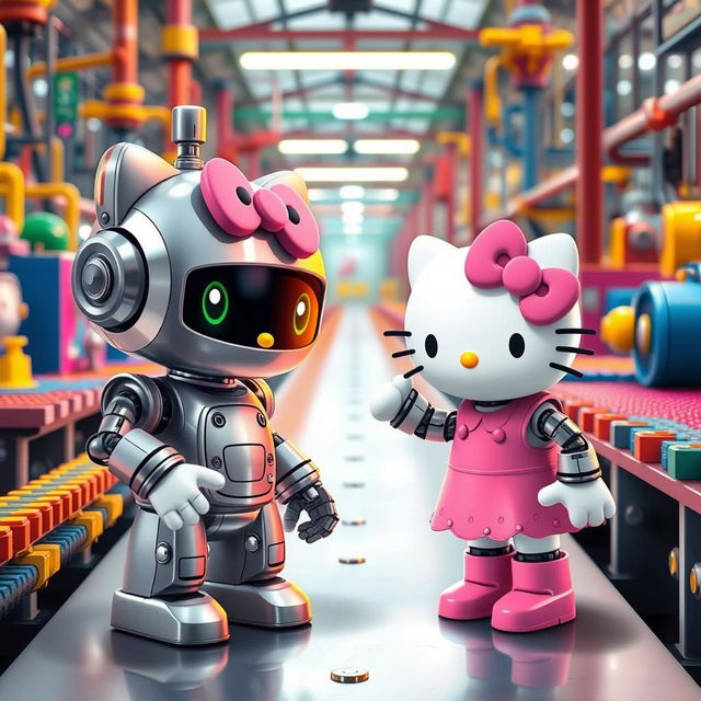A cute and whimsical scene featuring Hello Kitty interacting with a friendly industrial robot in a colorful factory setting