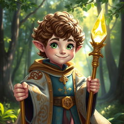 A charming halfling priest in Dungeons & Dragons style, wearing ornate, flowing robes adorned with intricate symbols of faith