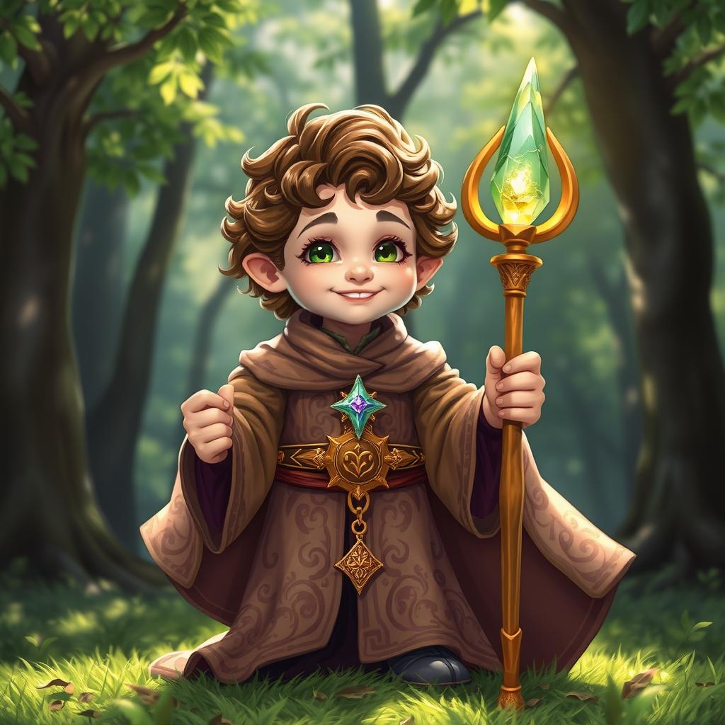 A charming halfling priest in Dungeons & Dragons style, wearing ornate, flowing robes adorned with intricate symbols of faith