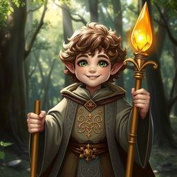 A charming halfling priest in Dungeons & Dragons style, wearing ornate, flowing robes adorned with intricate symbols of faith