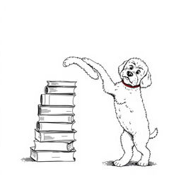 A white Lagotto Romagnolo dog standing on its hind legs, leaning its front legs on the top book of a stack of books located on the left side of the image