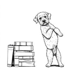 A white Lagotto Romagnolo dog standing on its hind legs, leaning its front legs on the top book of a stack of books located on the left side of the image