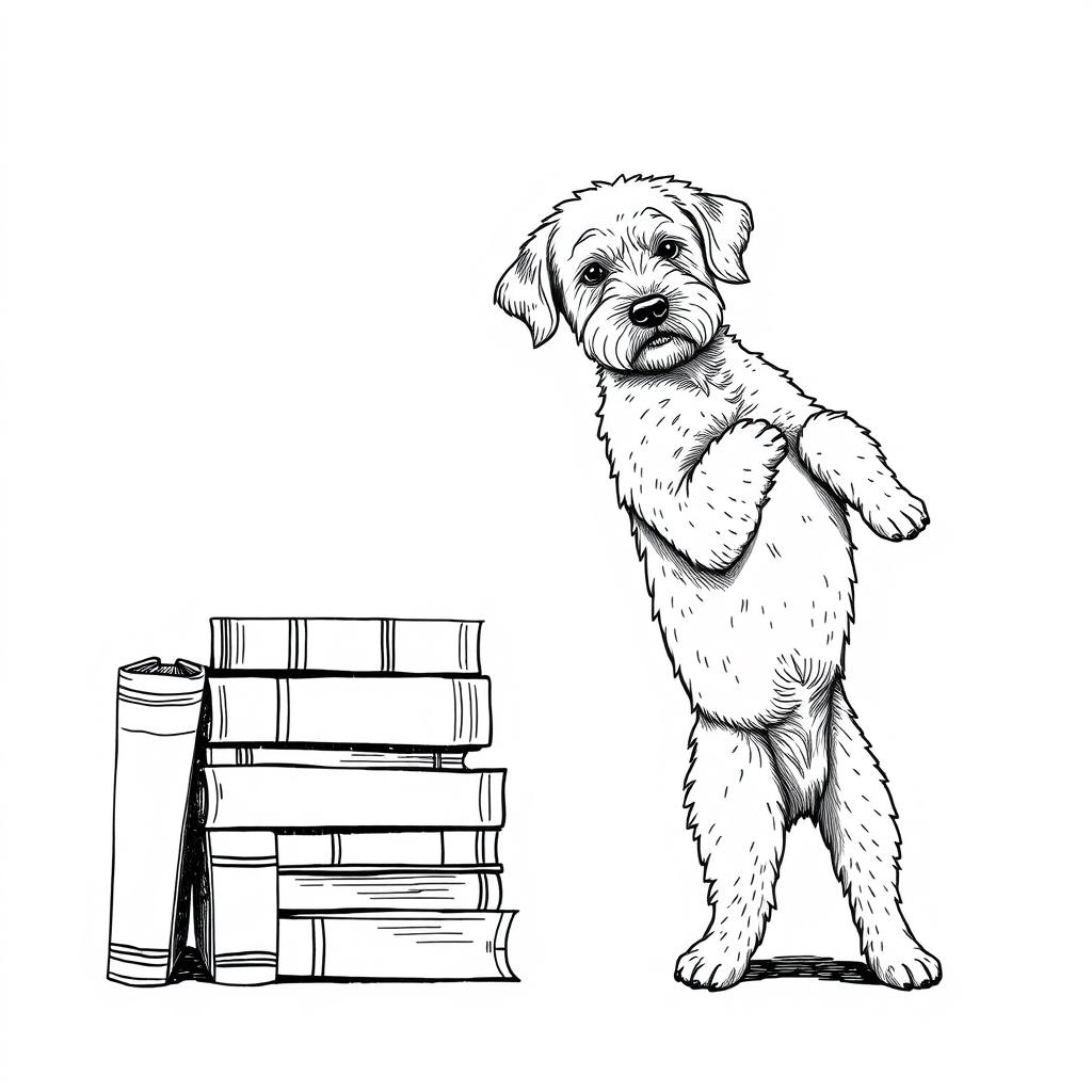 A white Lagotto Romagnolo dog standing on its hind legs, leaning its front legs on the top book of a stack of books located on the left side of the image