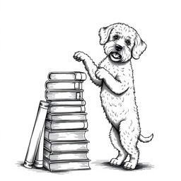 A white Lagotto Romagnolo dog standing on its hind legs, leaning its front legs on the top book of a stack of books located on the left side of the image