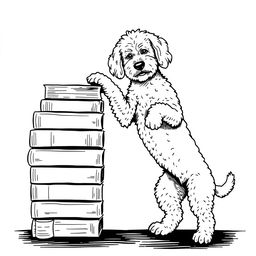 A white Lagotto Romagnolo dog standing on its hind legs, leaning its front legs on the top book of a stack of books located on the left side of the image