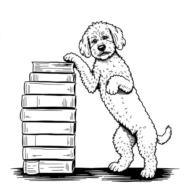 A white Lagotto Romagnolo dog standing on its hind legs, leaning its front legs on the top book of a stack of books located on the left side of the image