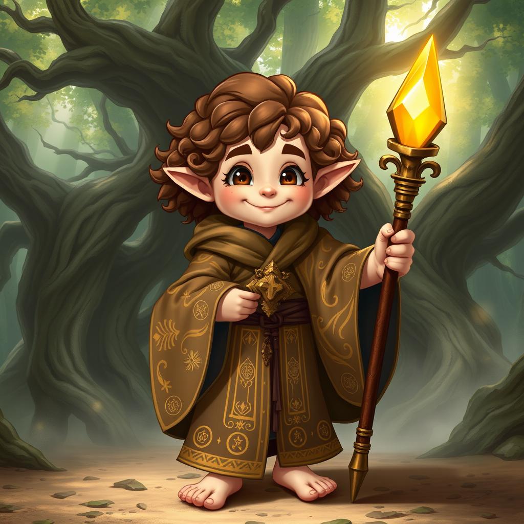 An adult halfling priest in a Dungeons & Dragons style fantasy setting
