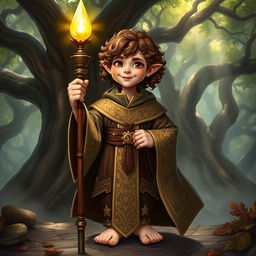 An adult halfling priest in a Dungeons & Dragons style fantasy setting