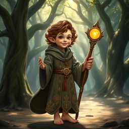An adult halfling priest in a Dungeons & Dragons style fantasy setting