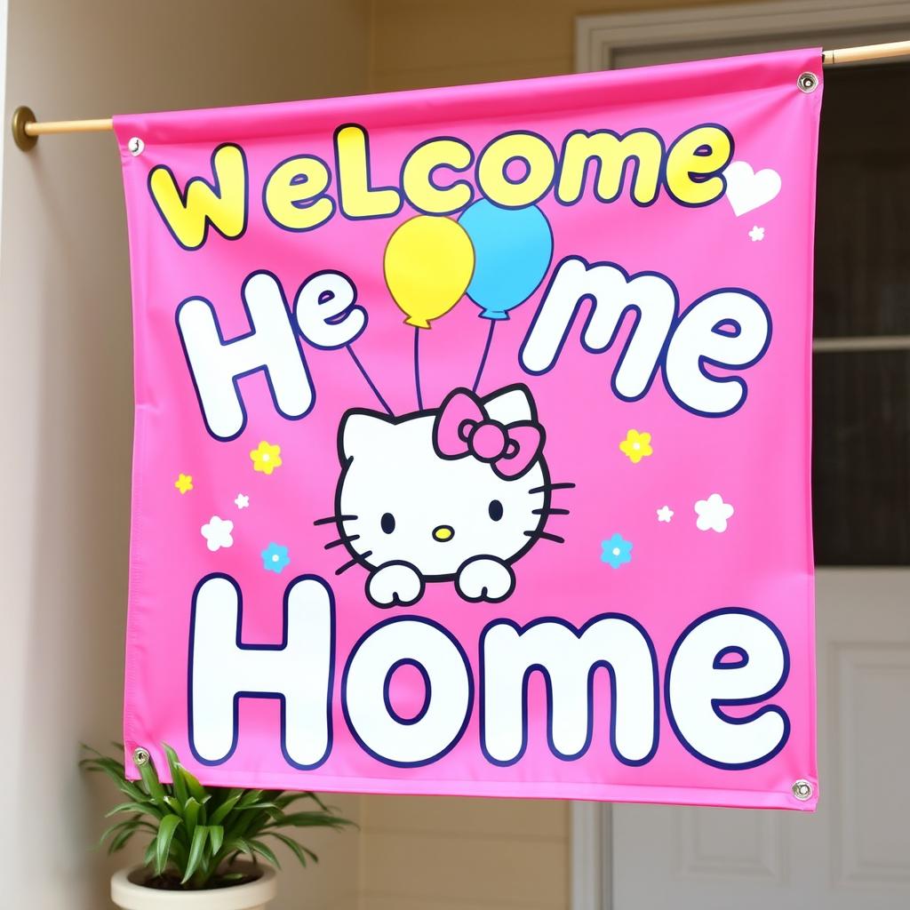 A colorful and cheerful ‘Welcome Home’ banner featuring Hello Kitty
