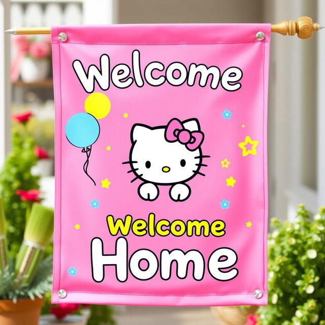 A colorful and cheerful ‘Welcome Home’ banner featuring Hello Kitty