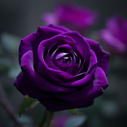 A beautiful, bright dark violet rose, showcasing its intricate petals with stunning detail, set against a soft blurred background
