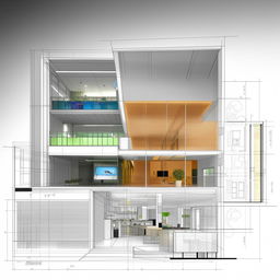 Architectural plan of a modern bank, encompassing both the interior and exterior design elements