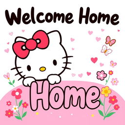 A vibrant and cheerful Hello Kitty welcome home banner, featuring the iconic Hello Kitty character in her classic red bow and adorable face