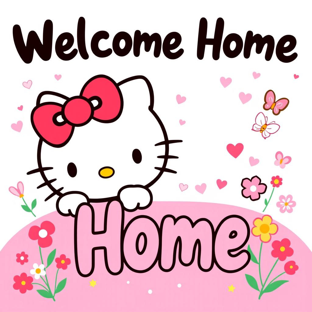 A vibrant and cheerful Hello Kitty welcome home banner, featuring the iconic Hello Kitty character in her classic red bow and adorable face