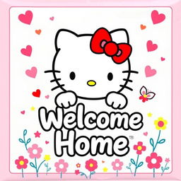 A vibrant and cheerful Hello Kitty welcome home banner, featuring the iconic Hello Kitty character in her classic red bow and adorable face