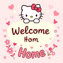 A vibrant and cheerful Hello Kitty welcome home banner, featuring the iconic Hello Kitty character in her classic red bow and adorable face