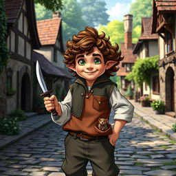An adult halfling character from Dungeons and Dragons, standing confidently with a charming smile