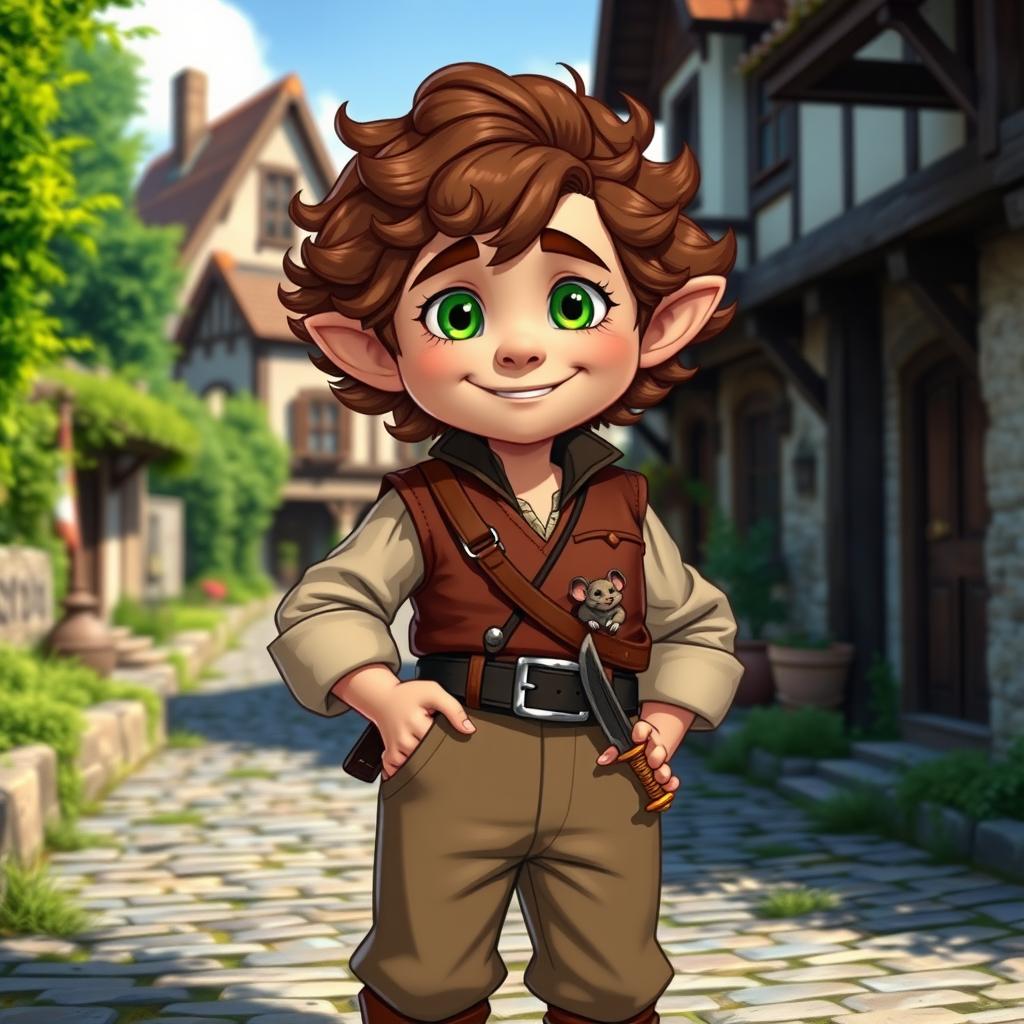 An adult halfling character from Dungeons and Dragons, standing confidently with a charming smile