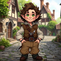 An adult halfling character from Dungeons and Dragons, standing confidently with a charming smile