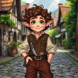 An adult halfling character from Dungeons and Dragons, standing confidently with a charming smile
