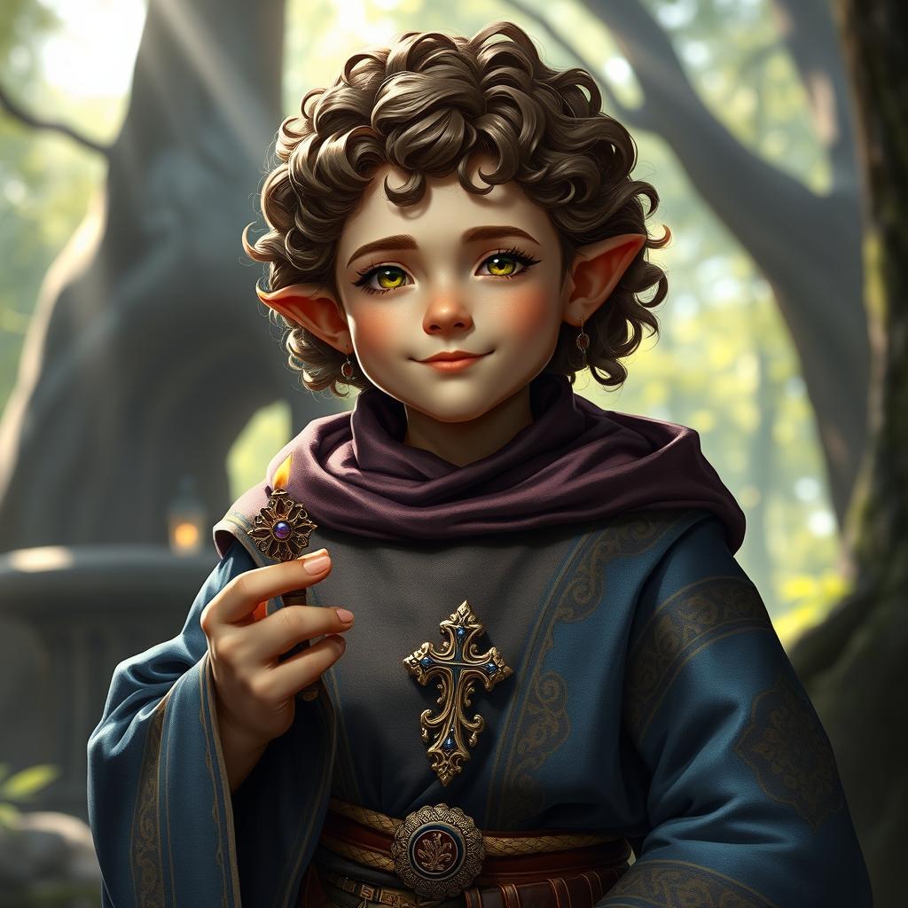 A realistic adult halfling priest character from Dungeons and Dragons, depicted in a fantasy setting