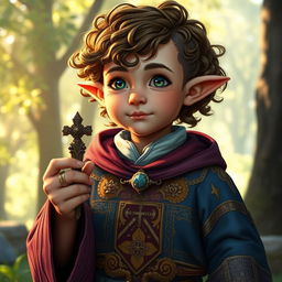A realistic adult halfling priest character from Dungeons and Dragons, depicted in a fantasy setting