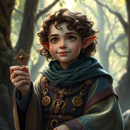 A realistic adult halfling priest character from Dungeons and Dragons, depicted in a fantasy setting