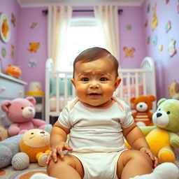 A humorous scene featuring a baby with a funny expression, sitting in a colorful nursery surrounded by plush toys