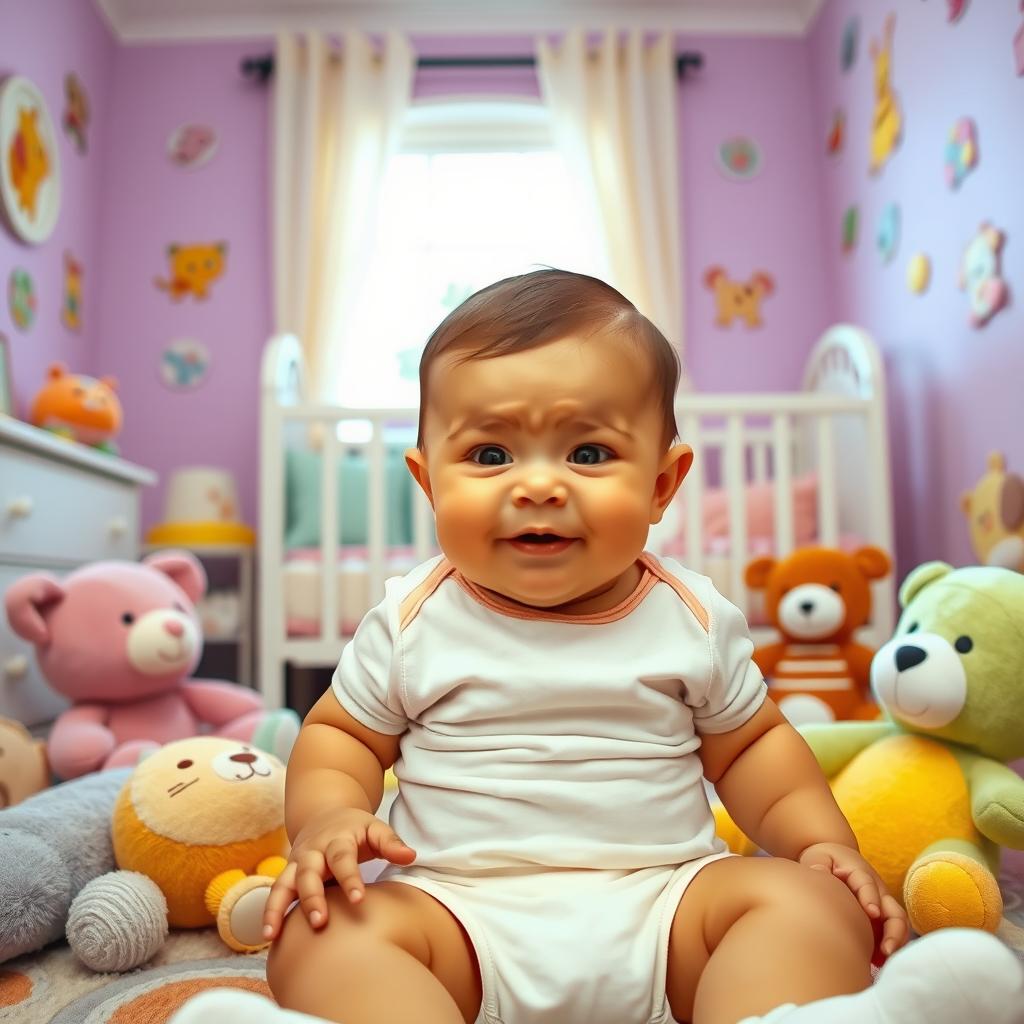 A humorous scene featuring a baby with a funny expression, sitting in a colorful nursery surrounded by plush toys