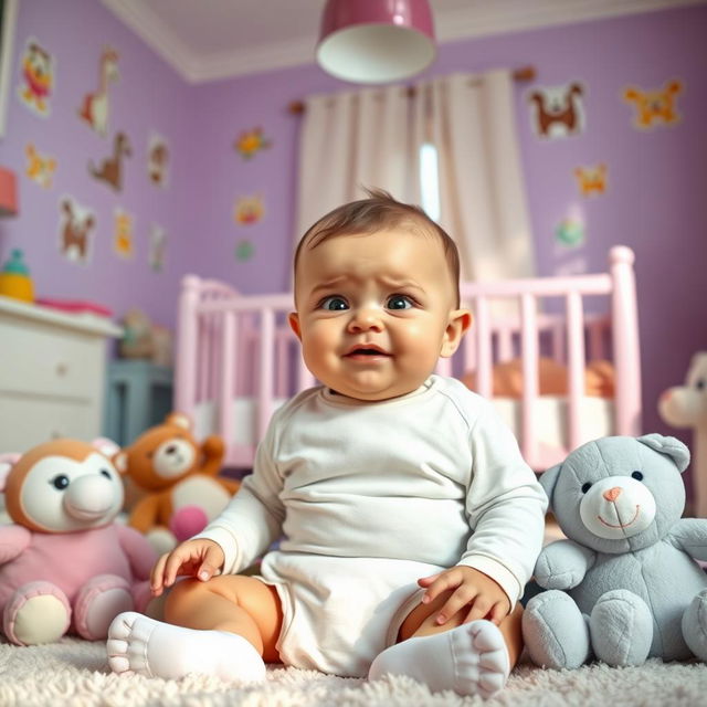A humorous scene featuring a baby with a funny expression, sitting in a colorful nursery surrounded by plush toys