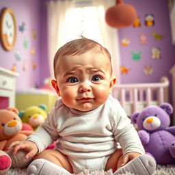 A humorous scene featuring a baby with a funny expression, sitting in a colorful nursery surrounded by plush toys