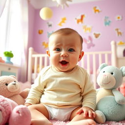 A humorous scene featuring a baby with a funny expression, sitting in a colorful nursery surrounded by plush toys