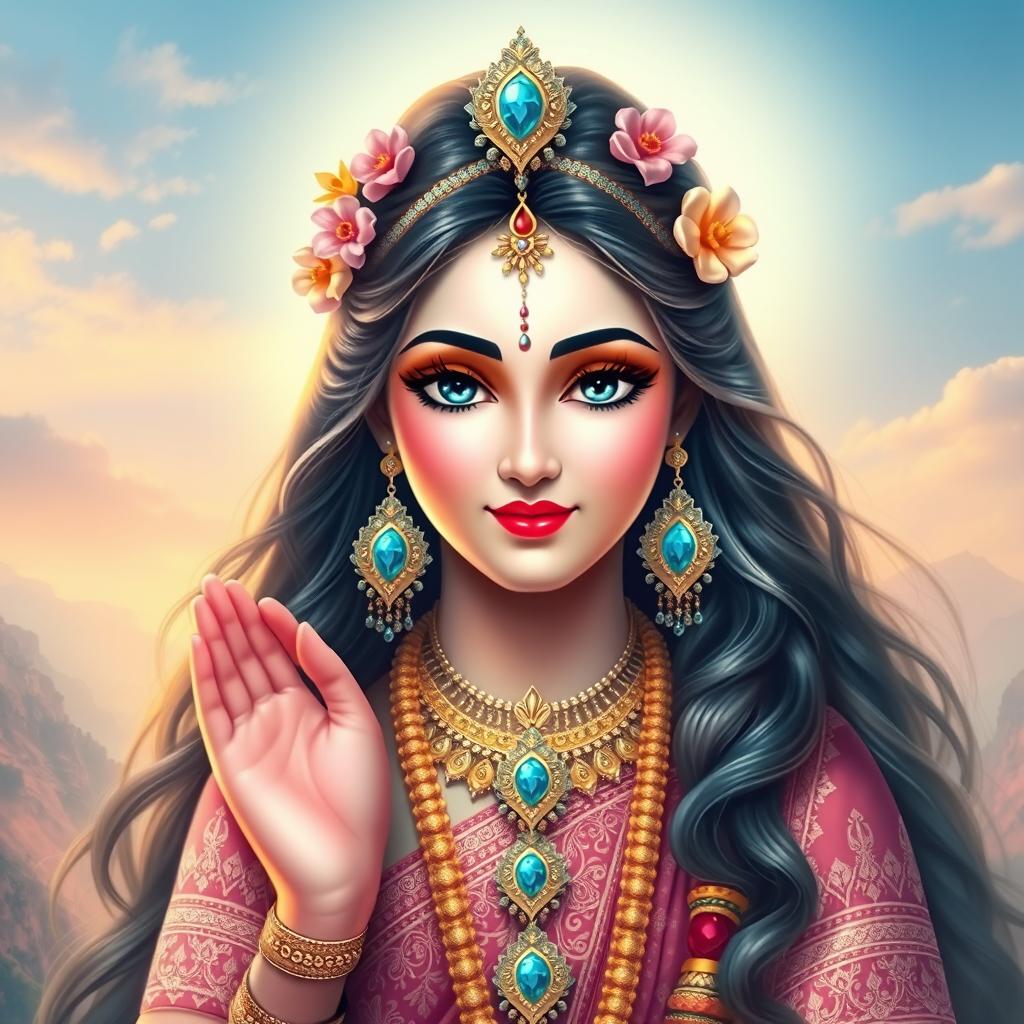 A divine portrait of Shri Radha, beautifully depicted with radiant blue eyes, adorned in exquisite traditional attire with intricate designs