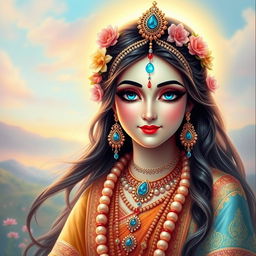 A divine portrait of Shri Radha, beautifully depicted with radiant blue eyes, adorned in exquisite traditional attire with intricate designs