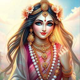 A divine portrait of Shri Radha, beautifully depicted with radiant blue eyes, adorned in exquisite traditional attire with intricate designs