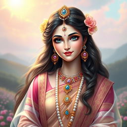 A divine portrait of Shri Radha, beautifully depicted with radiant blue eyes, adorned in exquisite traditional attire with intricate designs
