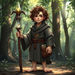 A realistic depiction of a male halfling cleric from Dungeons & Dragons, standing in a serene forest setting