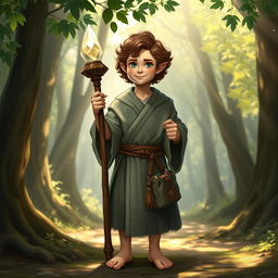 A realistic depiction of a male halfling cleric from Dungeons & Dragons, standing in a serene forest setting