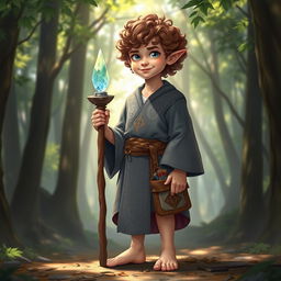 A realistic depiction of a male halfling cleric from Dungeons & Dragons, standing in a serene forest setting