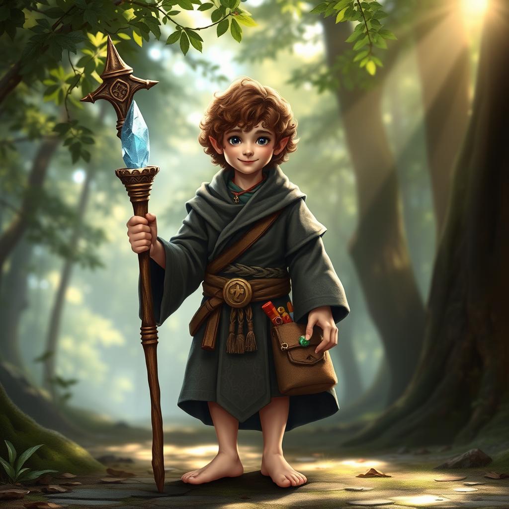 A realistic depiction of a male halfling cleric from Dungeons & Dragons, standing in a serene forest setting